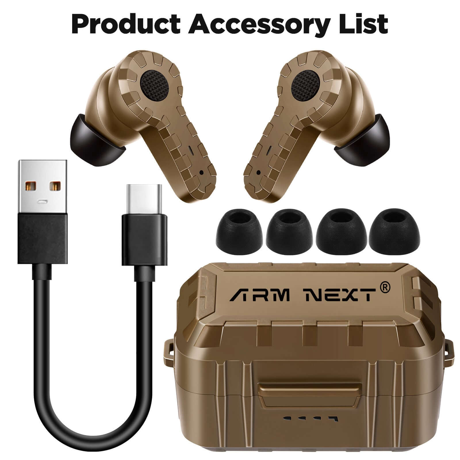 Tactical noise reduction headset accessory list including earplugs, charging cable, and sturdy case in tan color.