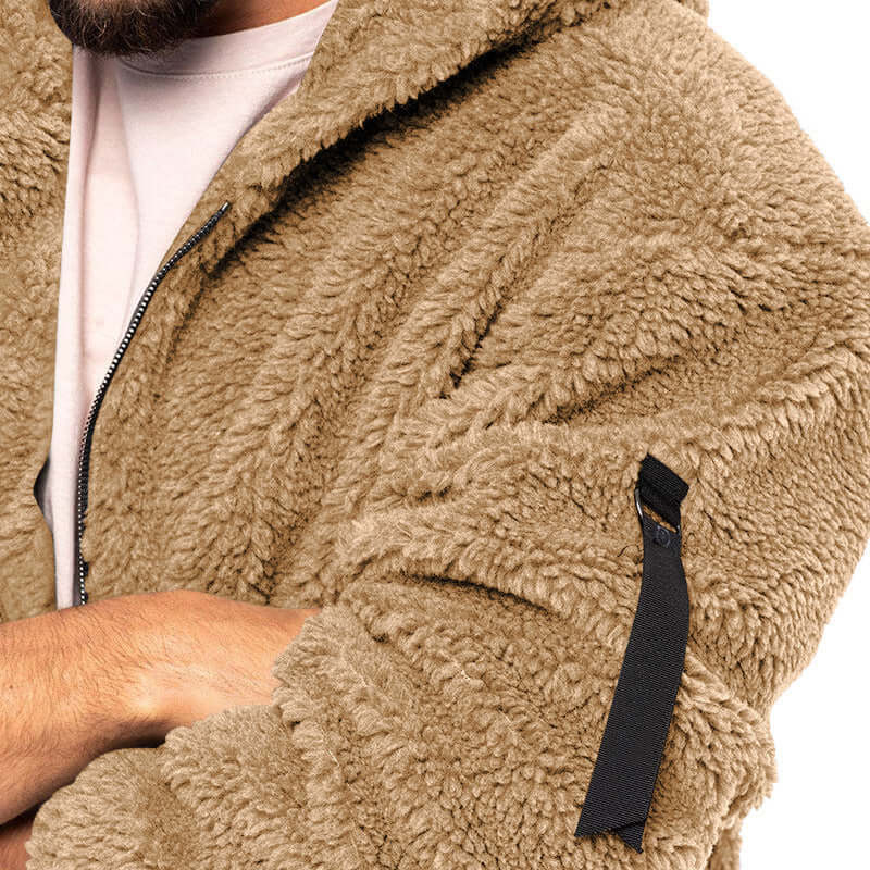 Men's plush hooded jacket in khaki fleece, featuring a zip and stylish side pocket, perfect for autumn and winter wear.