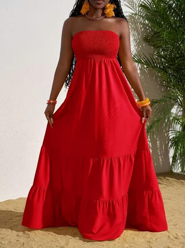 Vibrant Strapless Pleated Multi - layered Full Skirt Dress, Women's Sleeveless Long Resort Style Dress - DBMP (Electronics And More Store)