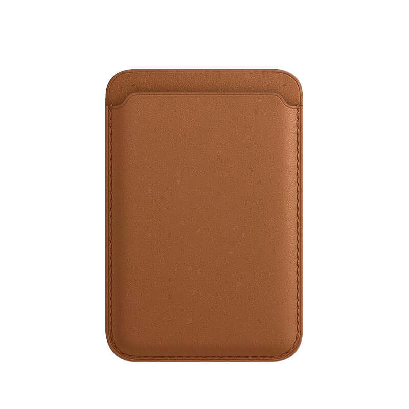Luxury brown leather card holder wallet for MagSafe, slim design for easy smartphone attachment.