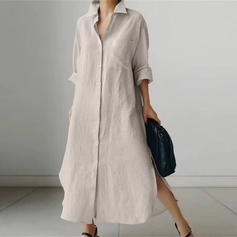 Women's Slit Shirt Dress Solid Color Long - sleeved Cardigan Irregular Long Dress - DBMP (Electronics And More Store)