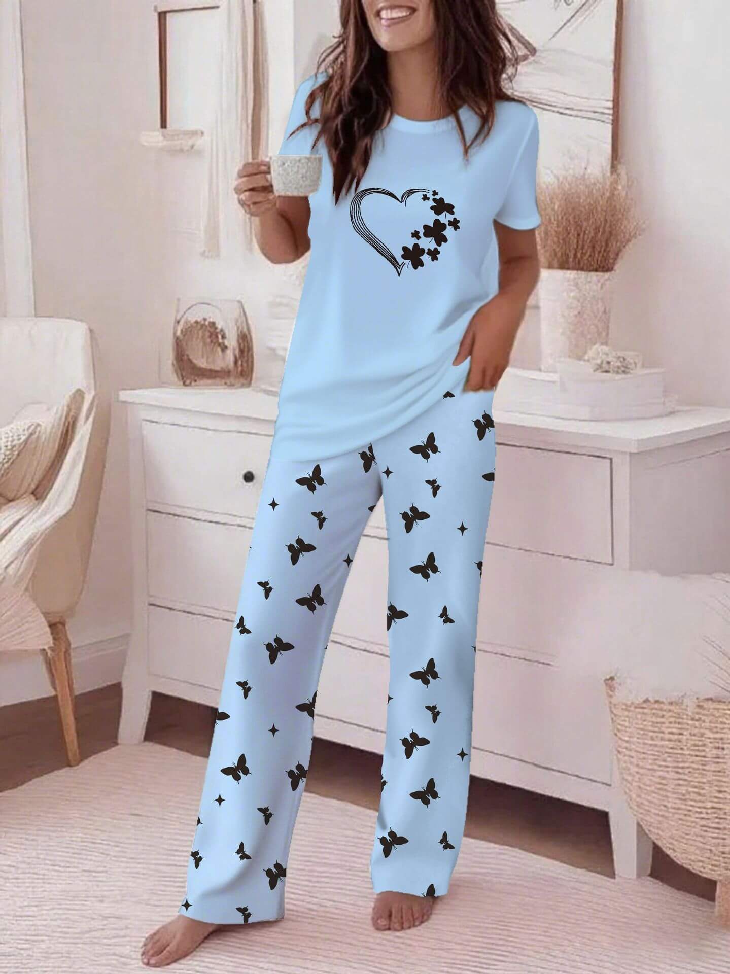 Crew - neck Short - sleeve Casual Striped Print Wide - leg Pants Two - piece Trouser Set - DBMP (Electronics And More Store)