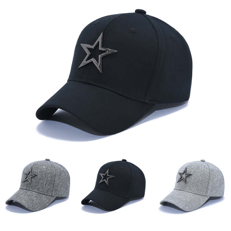 Korean style fashion baseball hat for men, featuring a star design, available in black and gray, perfect for summer sun protection.
