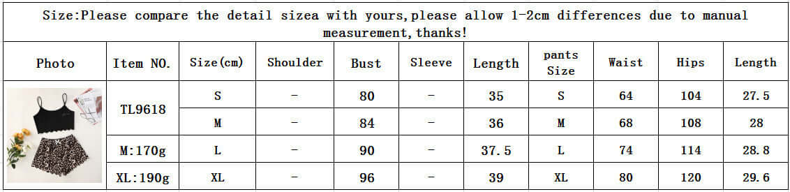 Size chart for Leopard Print Shorts Home Wear Suit, detailing measurements for sizes S, M, L, and XL.