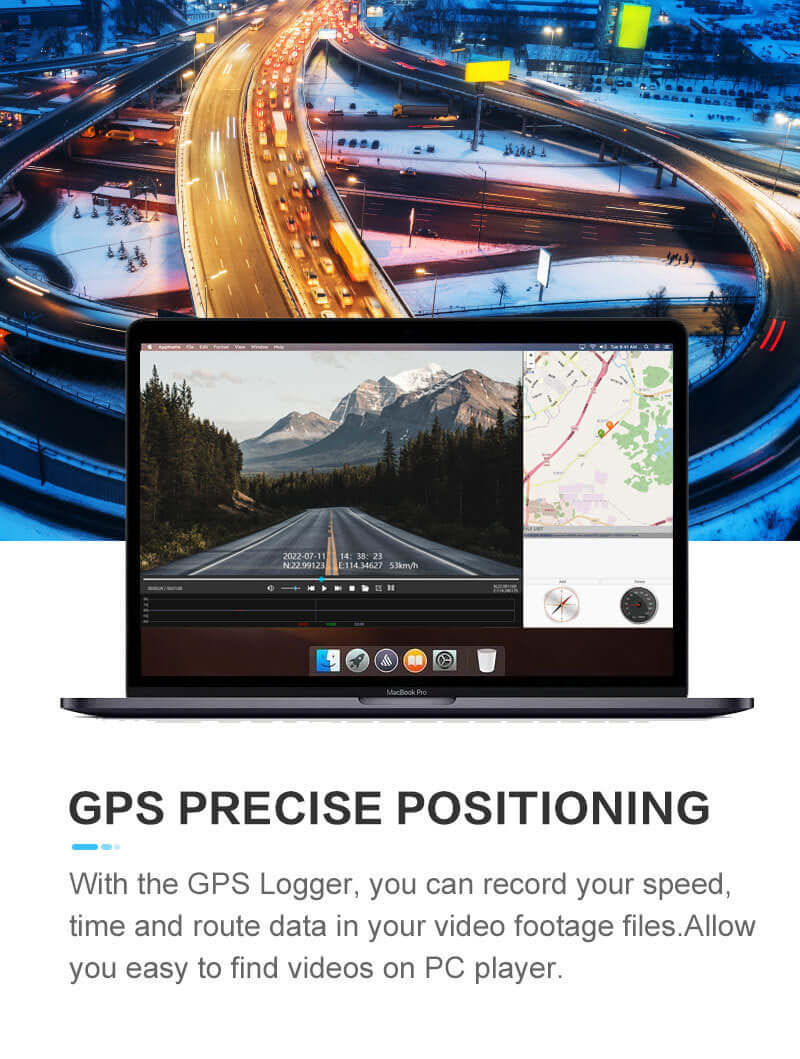 Laptop displaying GPS positioning features for video footage with a vibrant highway background and map overview.