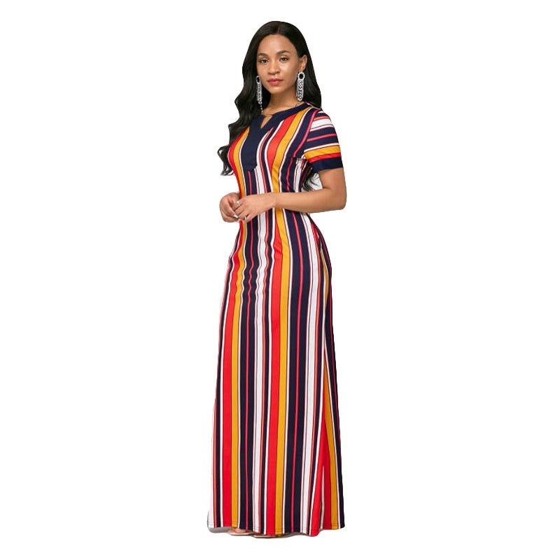 Women's Striped Small V Mid Waist Dress