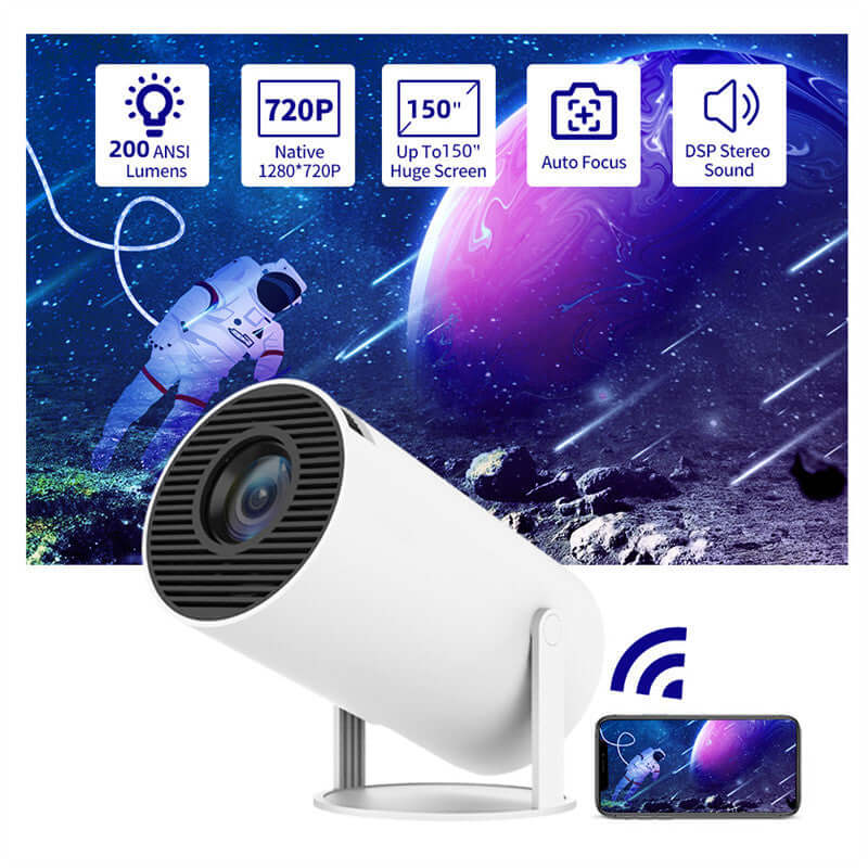 Portable projector featuring 720p resolution, 200 ANSI lumens, and automatic focus for home entertainment.