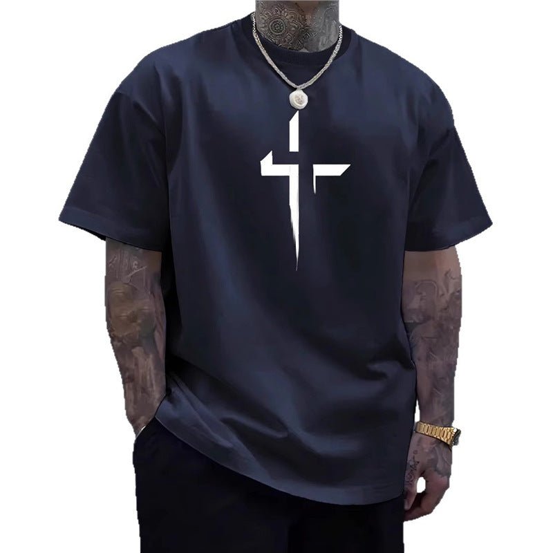 Street-style Mens Casual Loose-fit Cross-print Creative Sports Short-sleeve Top - DBMP Shop