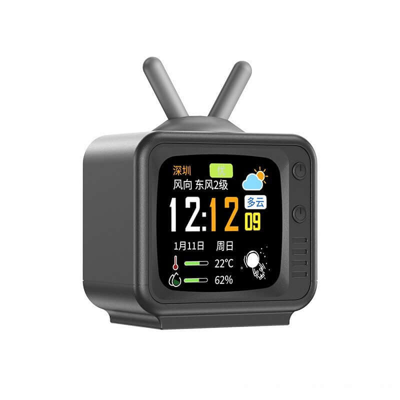 Stylish black retro digital clock with weather display and antenna design.
