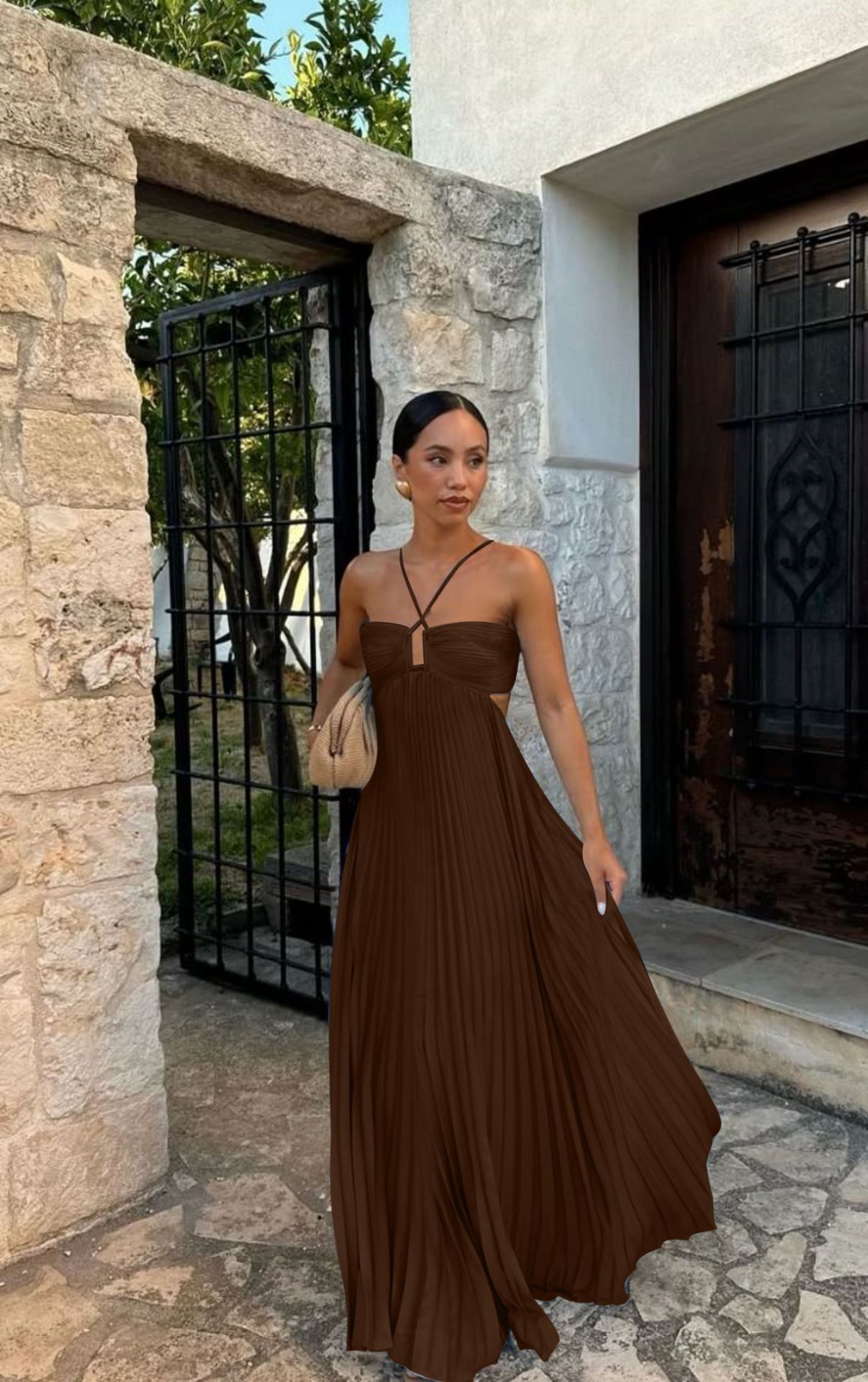 Ins Pleated Sleeveless Sling Dress Hollow High Waist Halter Robe Dresses For Evening Party Club Clothing Women - DBMP (Electronics And More Store)