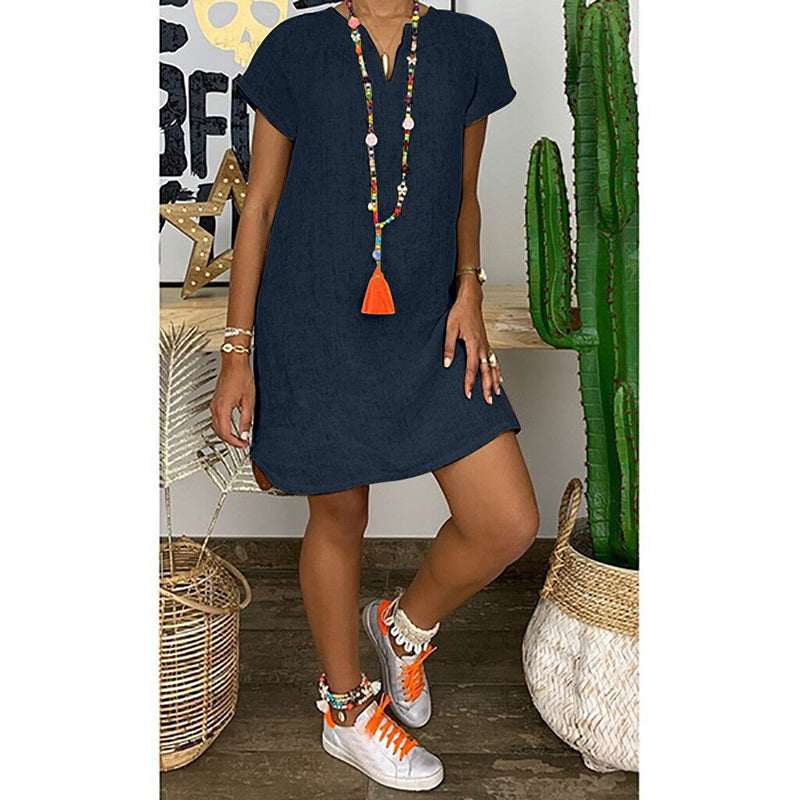 Womens Summer Casual Solid Color V Neck Short Sleeve Dresses Boho Beach Sundresses