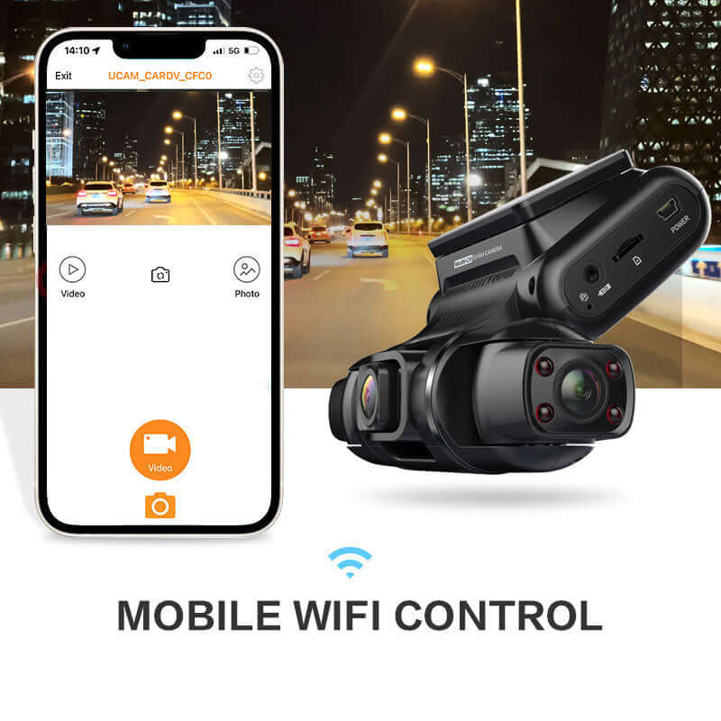 Driving recorder showcasing mobile WiFi control with smartphone interface and HD night vision capabilities.