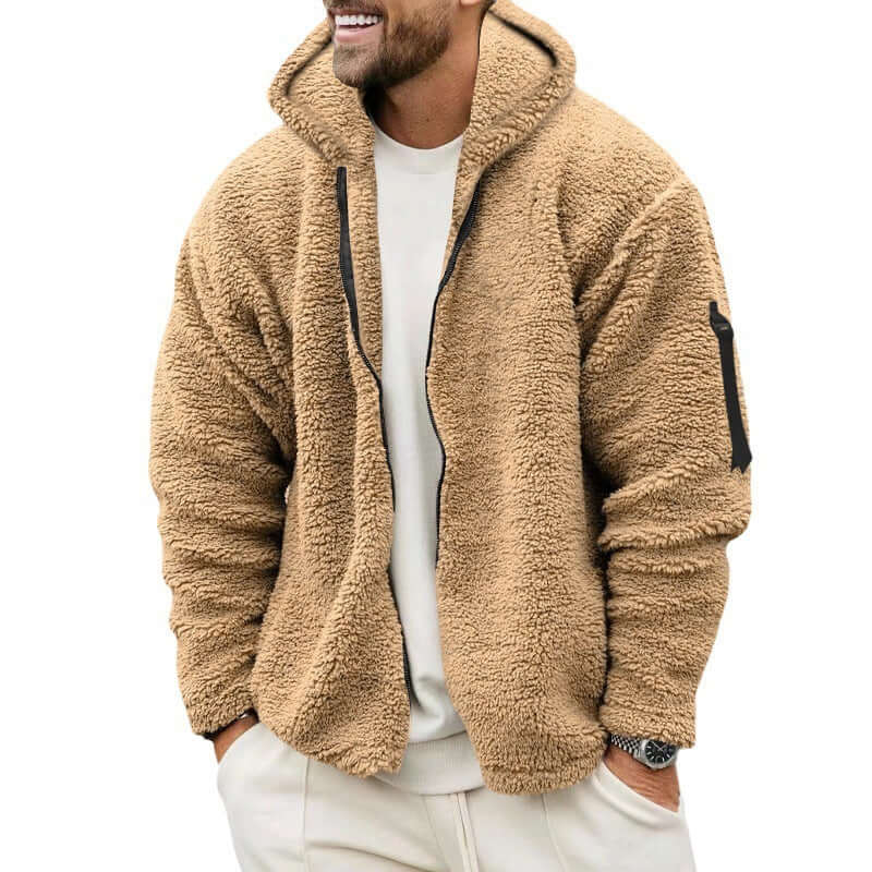 Men's plush hooded jacket in khaki, showcasing double-sided fleece for warmth and comfort, ideal for autumn and winter.