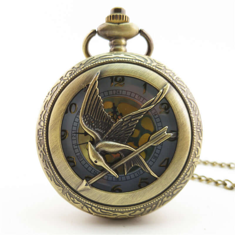 Antique large bird arrow vintage pocket watch with decorative flying bird design and intricate dial.