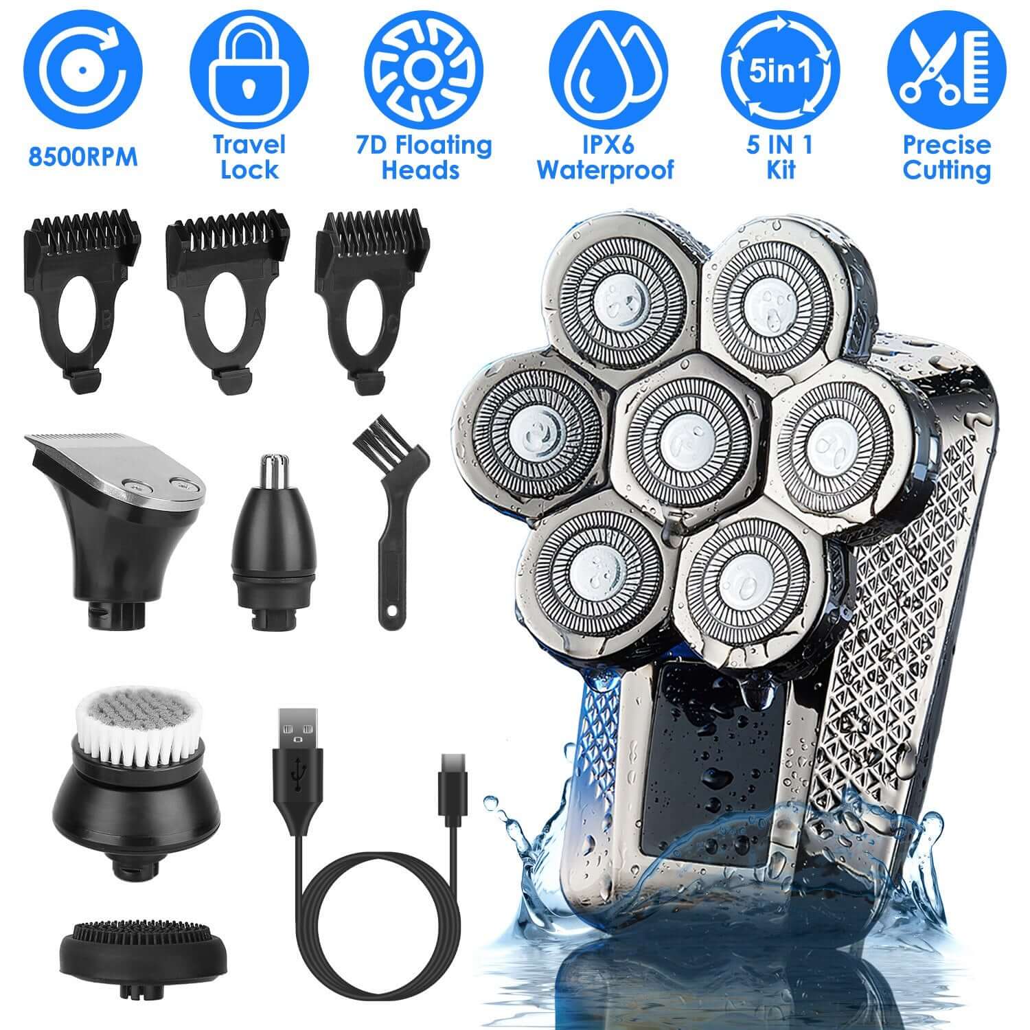 1Pc Head Shavers For Bald Men 5 In 1 7D Electric Rotary Razor Rechargeable Cordless Head Beard Trimmer Shaver Kit IPX6 Waterproof Dry Wet Grooming Kit With 3 Combs - DBMP (Electronics And More Store)