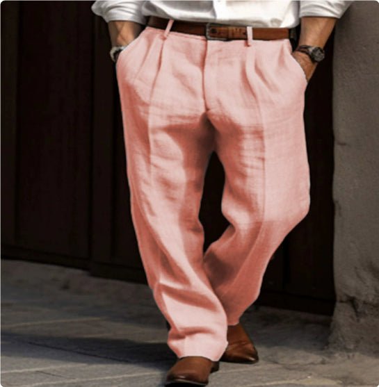Men's Linen Trousers Double Pleated Front Pocket Straight Pure Color Comfort Breathable Casual - DBMP Shop