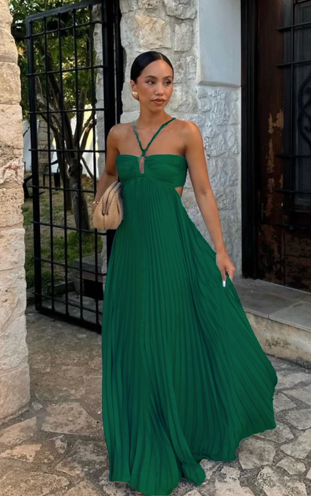 Ins Pleated Sleeveless Sling Dress Hollow High Waist Halter Robe Dresses For Evening Party Club Clothing Women - DBMP (Electronics And More Store)