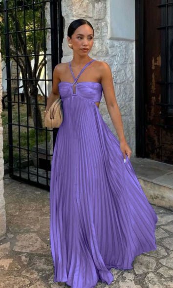 Ins Pleated Sleeveless Sling Dress Hollow High Waist Halter Robe Dresses For Evening Party Club Clothing Women - DBMP (Electronics And More Store)