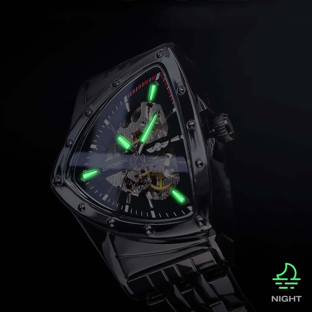 Mechanical watch with hollow back, black triangle dial, luminous hands, stainless steel strap, for men.