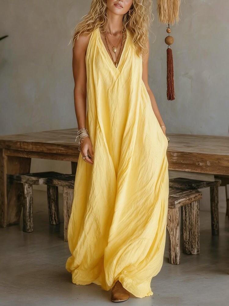 Casual Sleeveless Loose Fit Vest V - neck Long Dress With Front Pockets - Women's Summer Holiday Flowy Sleeveless Long Dresses For Daily Wear - DBMP (Electronics And More Store)
