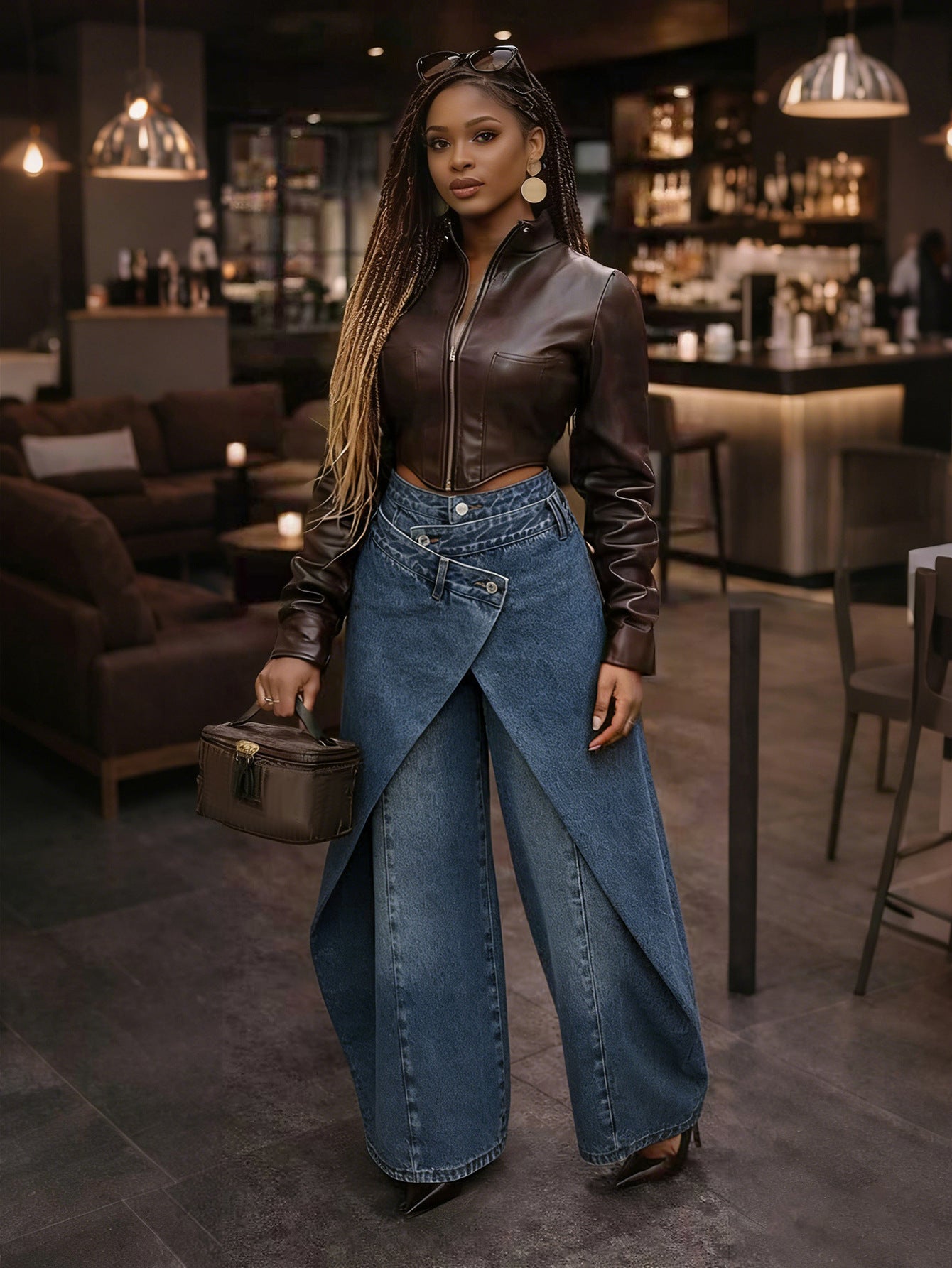 Retro High - waisted Cross - over Metal Buckle Irregular Wide - leg Pants - DBMP Shop
