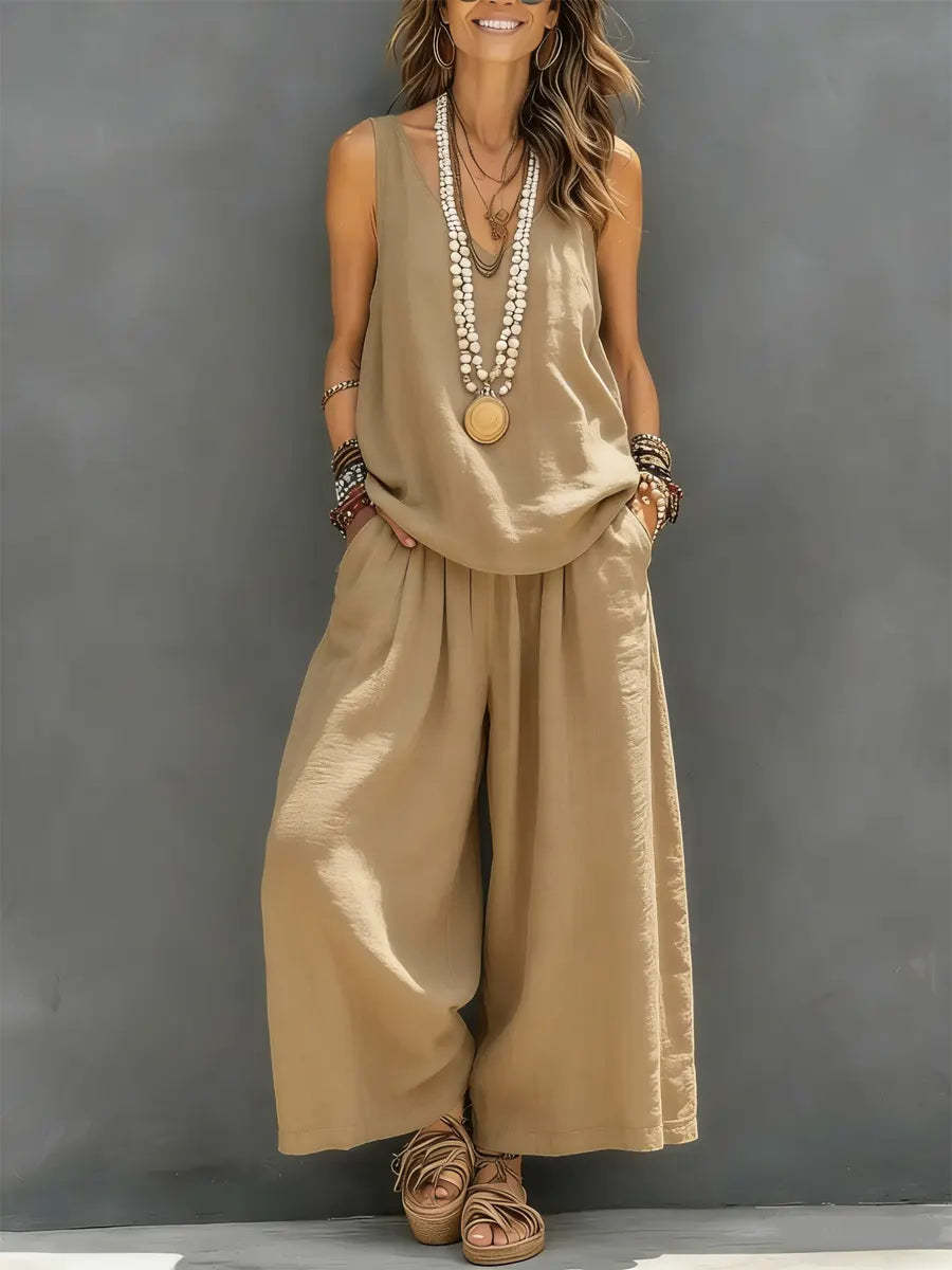 Womens Solid - Colored Casual Sleeveless Tank Top And Wide - Leg Pants Cotton - Linen Set For Daily Wear Holiday Outfit - DBMP (Electronics And More Store)