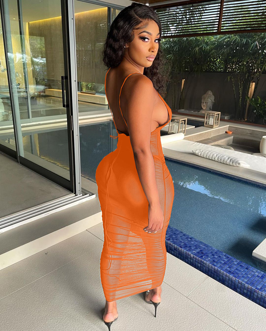 Fashion Sling Pleated Mesh Perspective Dress