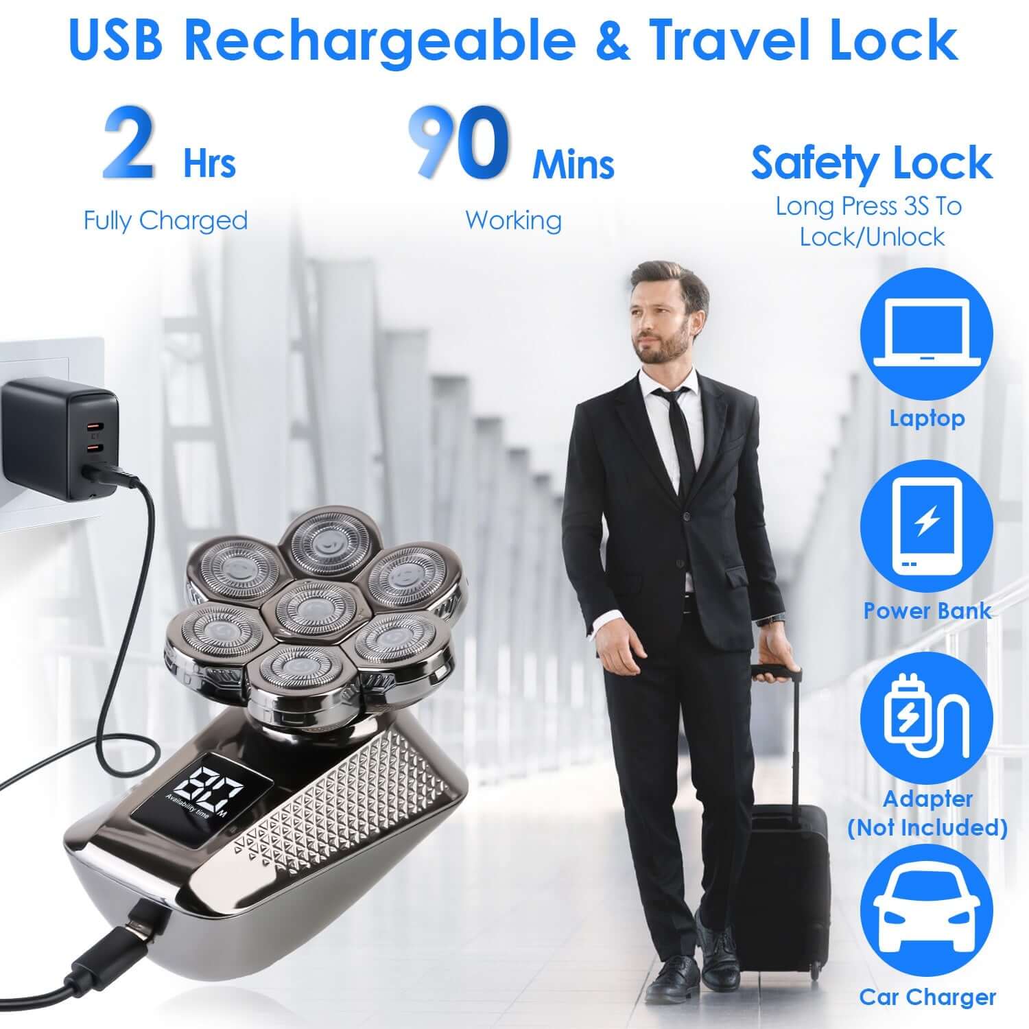 1Pc Head Shavers For Bald Men 5 In 1 7D Electric Rotary Razor Rechargeable Cordless Head Beard Trimmer Shaver Kit IPX6 Waterproof Dry Wet Grooming Kit With 3 Combs - DBMP (Electronics And More Store)