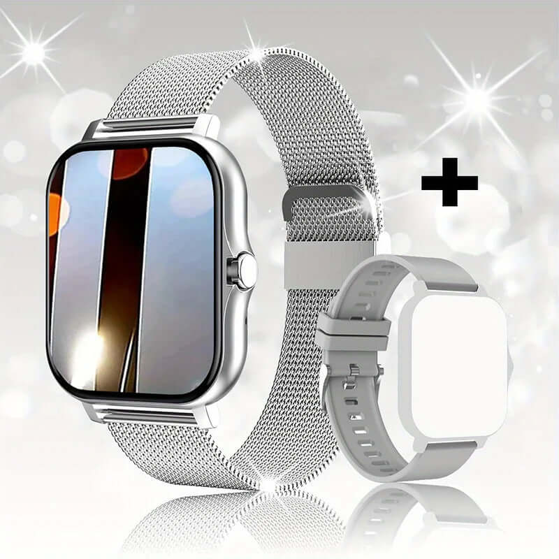 Smart watch with 1.44-inch full touch screen, silver mesh strap, and gray strap. Ideal for Bluetooth calling and fitness tracking.