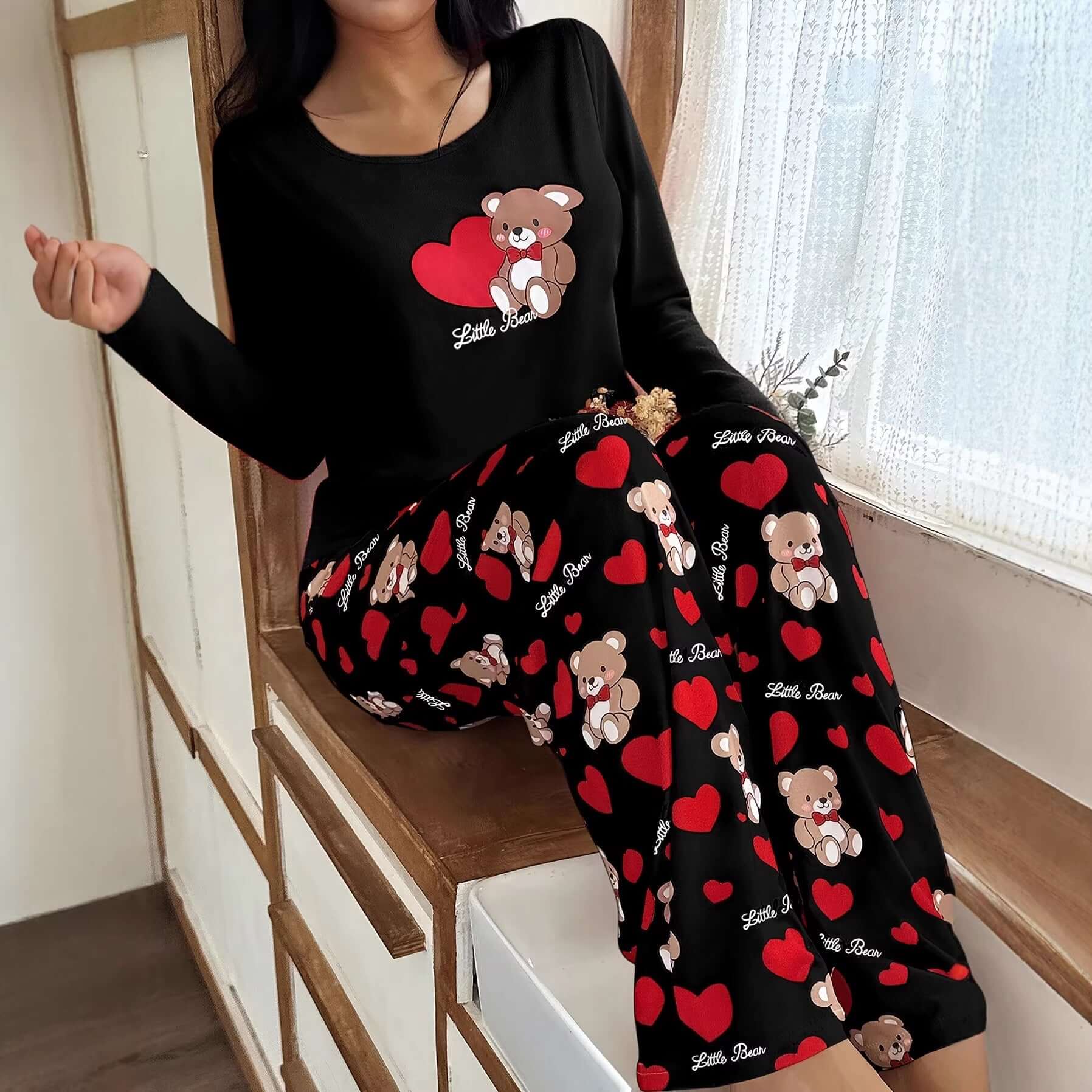 Womens Crew - Neck Bear And Heart Print Long - Sleeve Pajama Set With Long Pants - DBMP (Electronics And More Store)