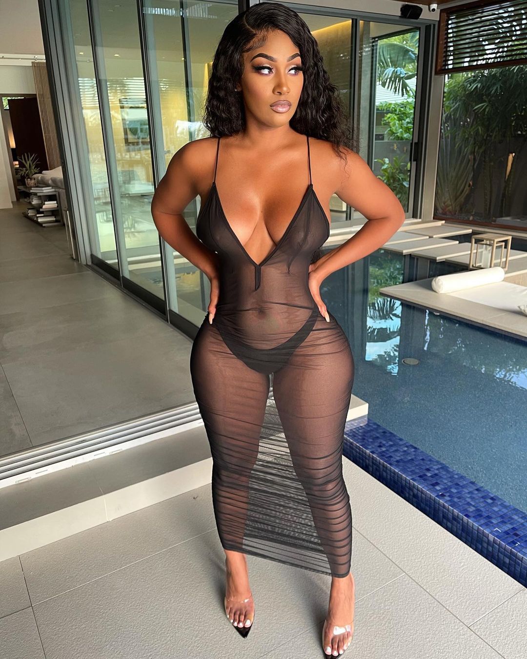 Fashion Sling Pleated Mesh Perspective Dress
