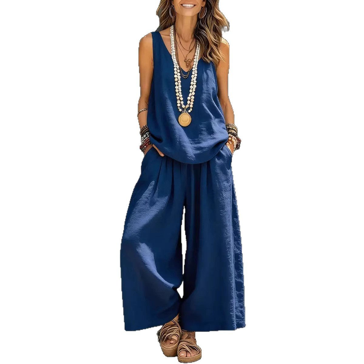 Womens Solid - Colored Casual Sleeveless Tank Top And Wide - Leg Pants Cotton - Linen Set For Daily Wear Holiday Outfit - DBMP (Electronics And More Store)