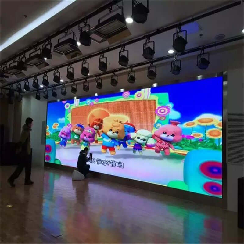 P3 indoor full-color HD LED display screen showcasing animated characters in vibrant colors.