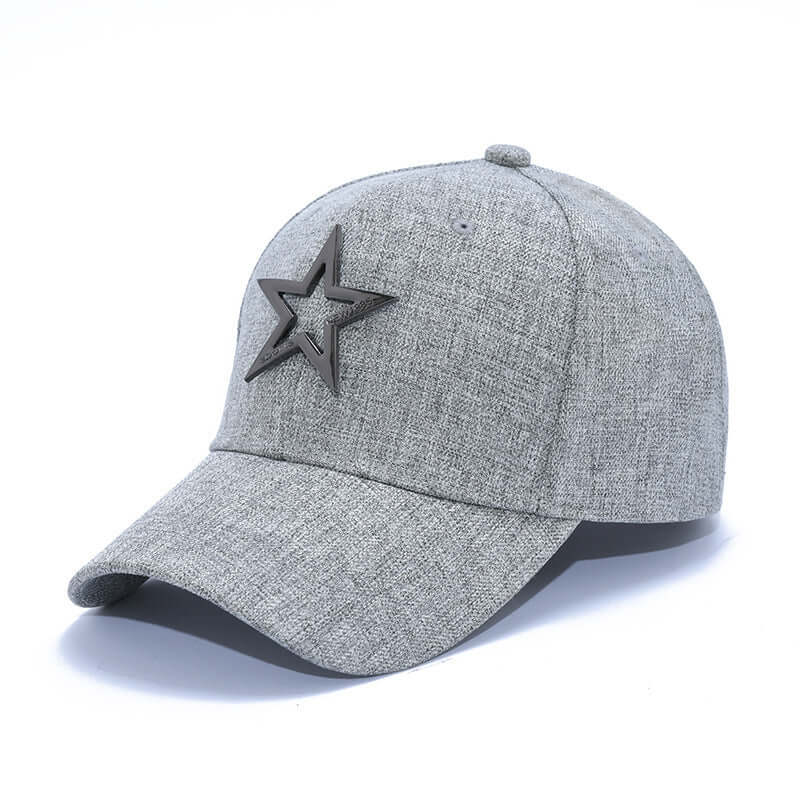 Stylish gray baseball cap with star design, flat brim, perfect for summer fashion and sunshade.