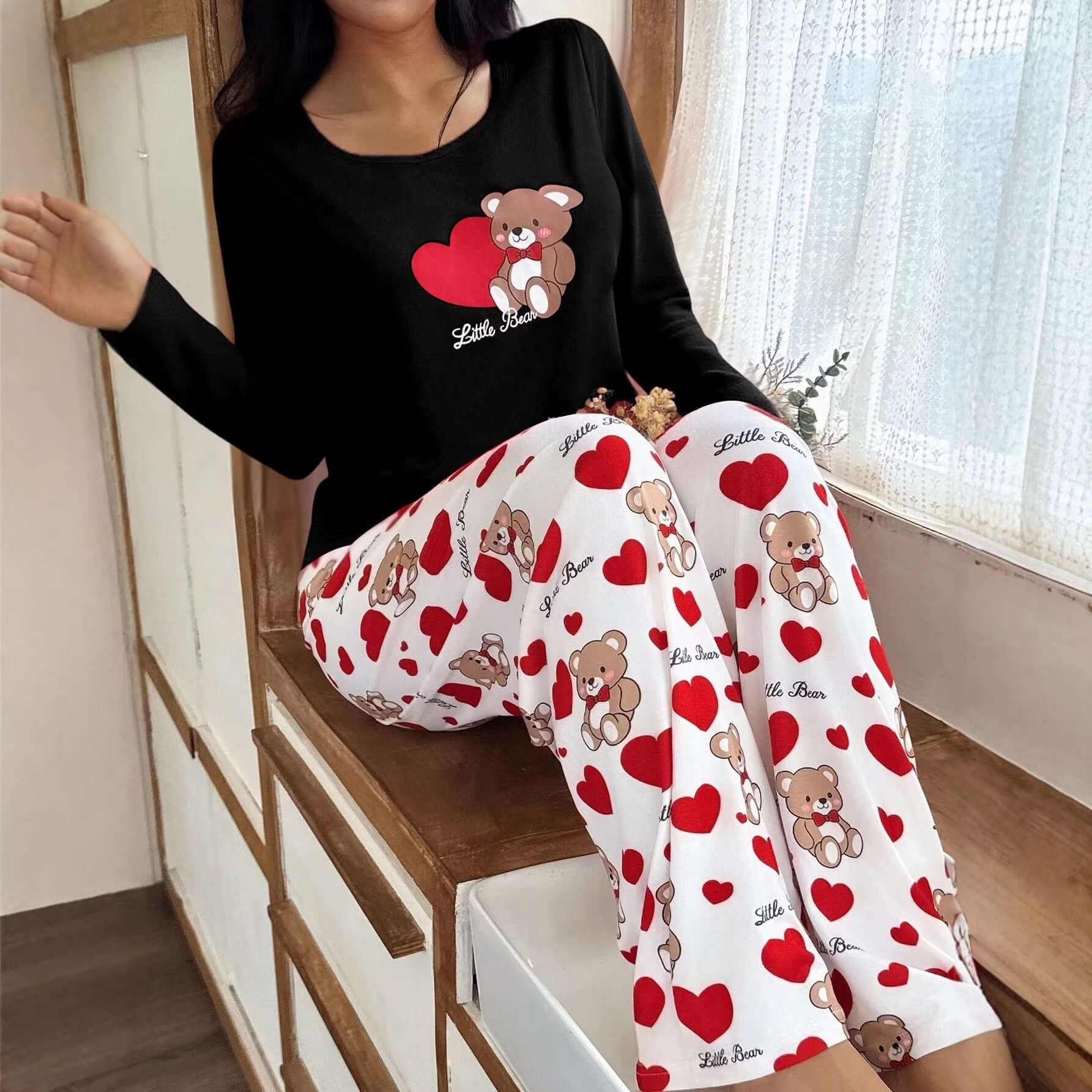 Womens Crew - Neck Bear And Heart Print Long - Sleeve Pajama Set With Long Pants - DBMP (Electronics And More Store)
