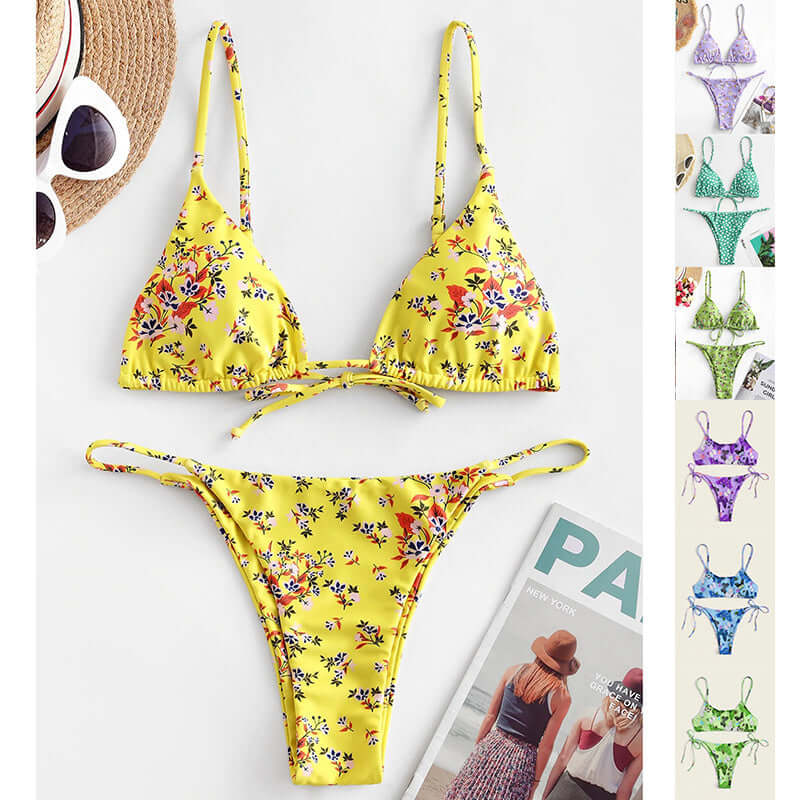 Summer flowers print bikini in yellow, stylish beach swimsuit for women, push-up design, comfortable polyester material.