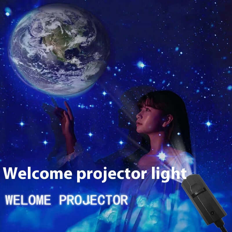 Moon projection lamp showcasing a starry night sky with a woman's silhouette reaching for Earth.