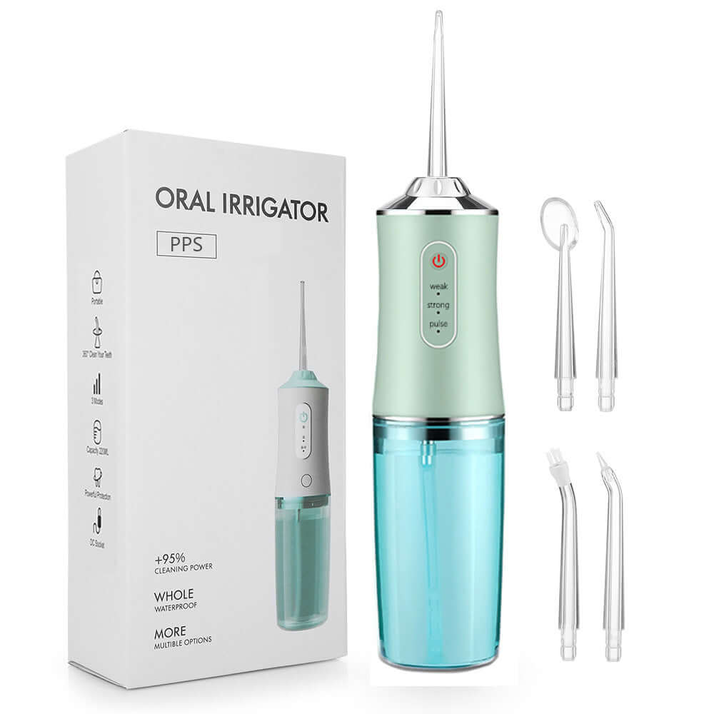 Household 3-speed hand-held electric dental irrigator in light green with nozzles and packaging.