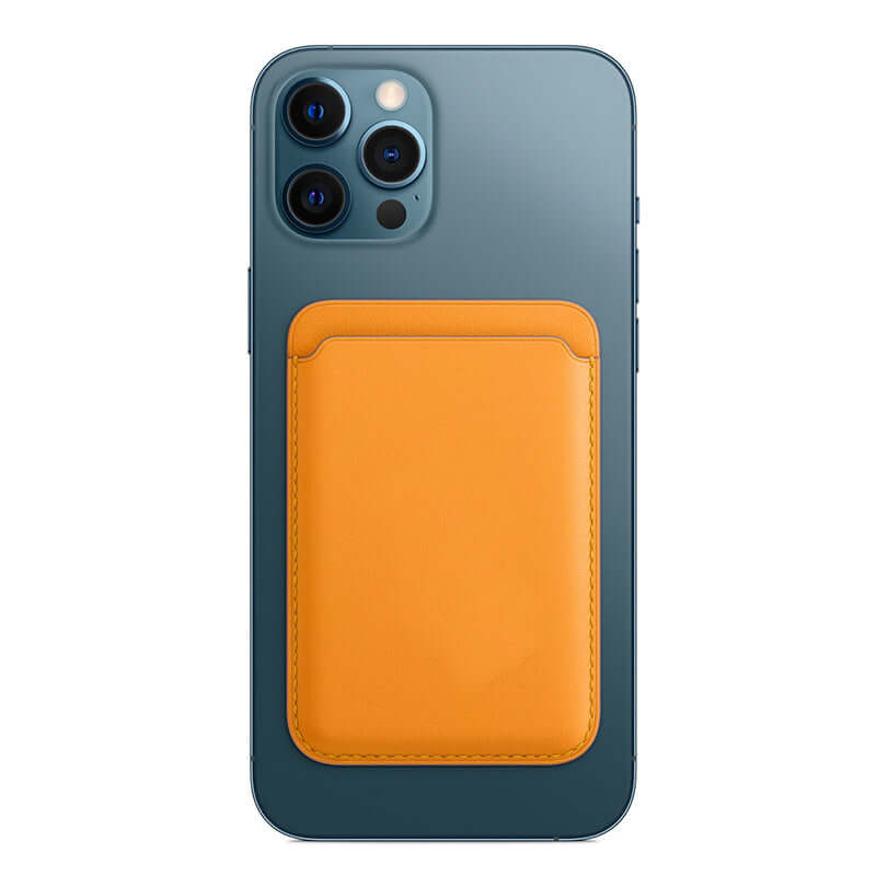 Luxury leather card holder wallet case in orange attached to the back of a smartphone, showcasing a sleek design.