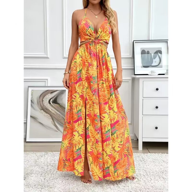Elegant Womens Floral Print Halter V - neck Backless Side - Slit Dress Cut Out Waist Chain Sleeveless High Side Split Fit Flare Maxi Long Dresses - DBMP (Electronics And More Store)