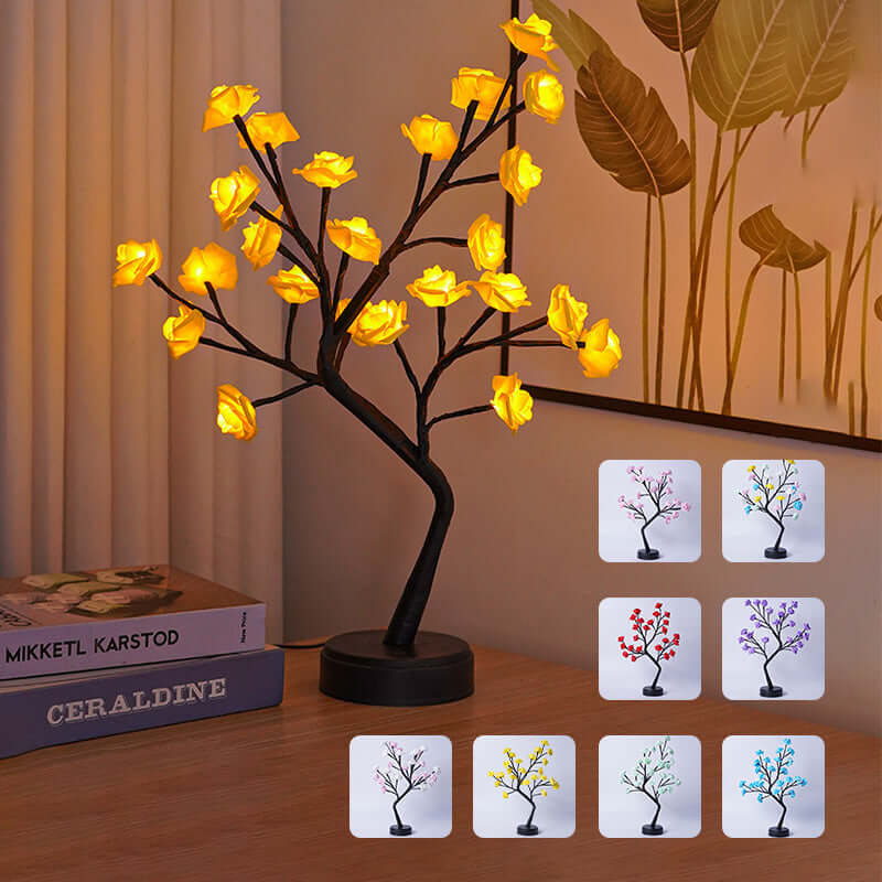USB operated flower tree lamp with yellow rose lights, perfect for home decor and romantic ambience.