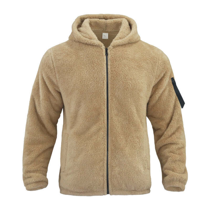 Men's plush hooded jacket in khaki, warm fleece with zipper, perfect for autumn and winter outdoor casual wear.
