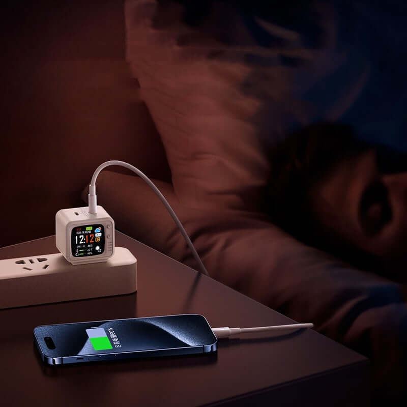 High-power type-C mobile phone charging plug connected to a smartphone on a bedside table, charging while someone sleeps.