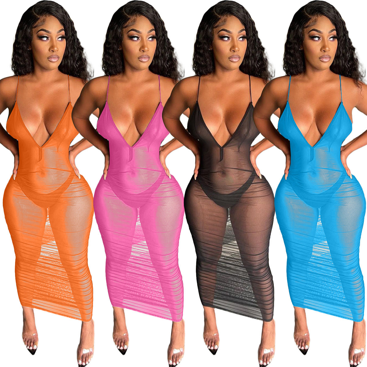 Fashion Sling Pleated Mesh Perspective Dress