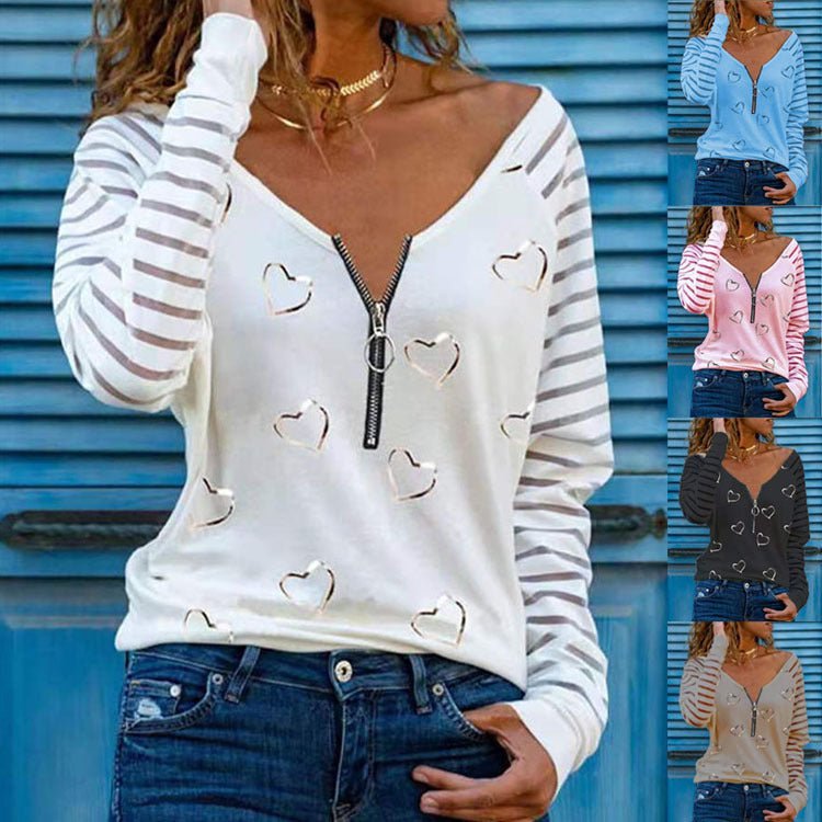 Long Sleeve Love Printed V - Neck Zip T-Shirt - DBMP Shop