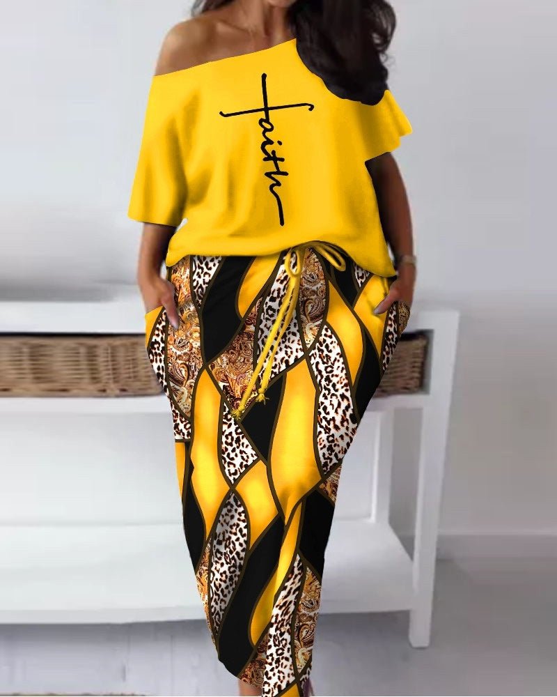 Women's Baroque Leopard Print Diagonal Collar Drawstring Skirt Suit - DBMP (Electronics And More Store)
