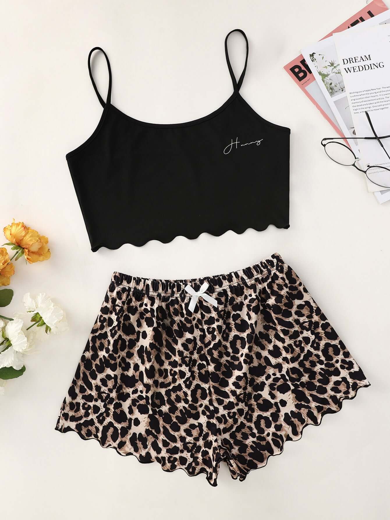 Leopard print shorts and black crop top homewear set, perfect for leisure days and stylish comfort.