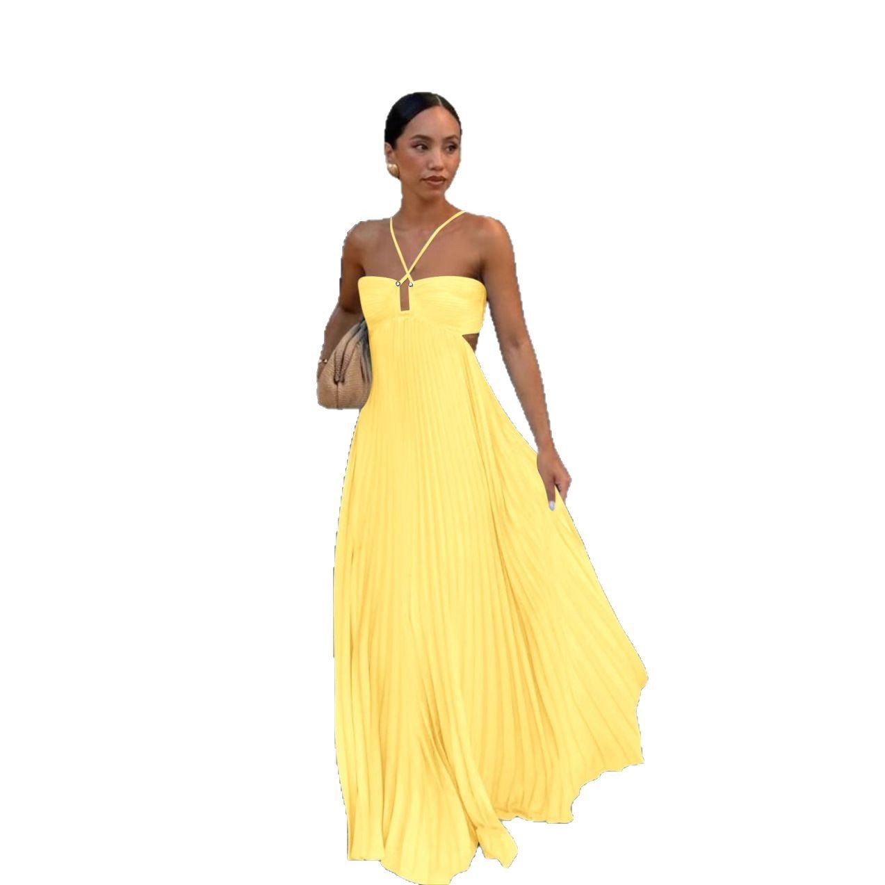 Ins Pleated Sleeveless Sling Dress Hollow High Waist Halter Robe Dresses For Evening Party Club Clothing Women - DBMP (Electronics And More Store)