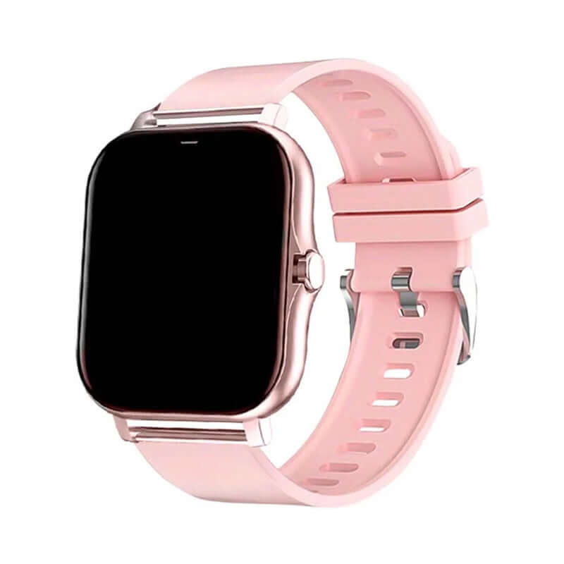 Stylish pink smart watch with full touch screen, designed for men and women, featuring Bluetooth calling functionality.