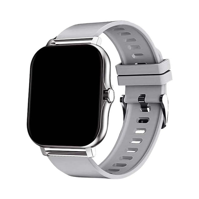 Silver smartwatch with a 1.44-inch touch screen and silicone strap for men and women, featuring Bluetooth calling.